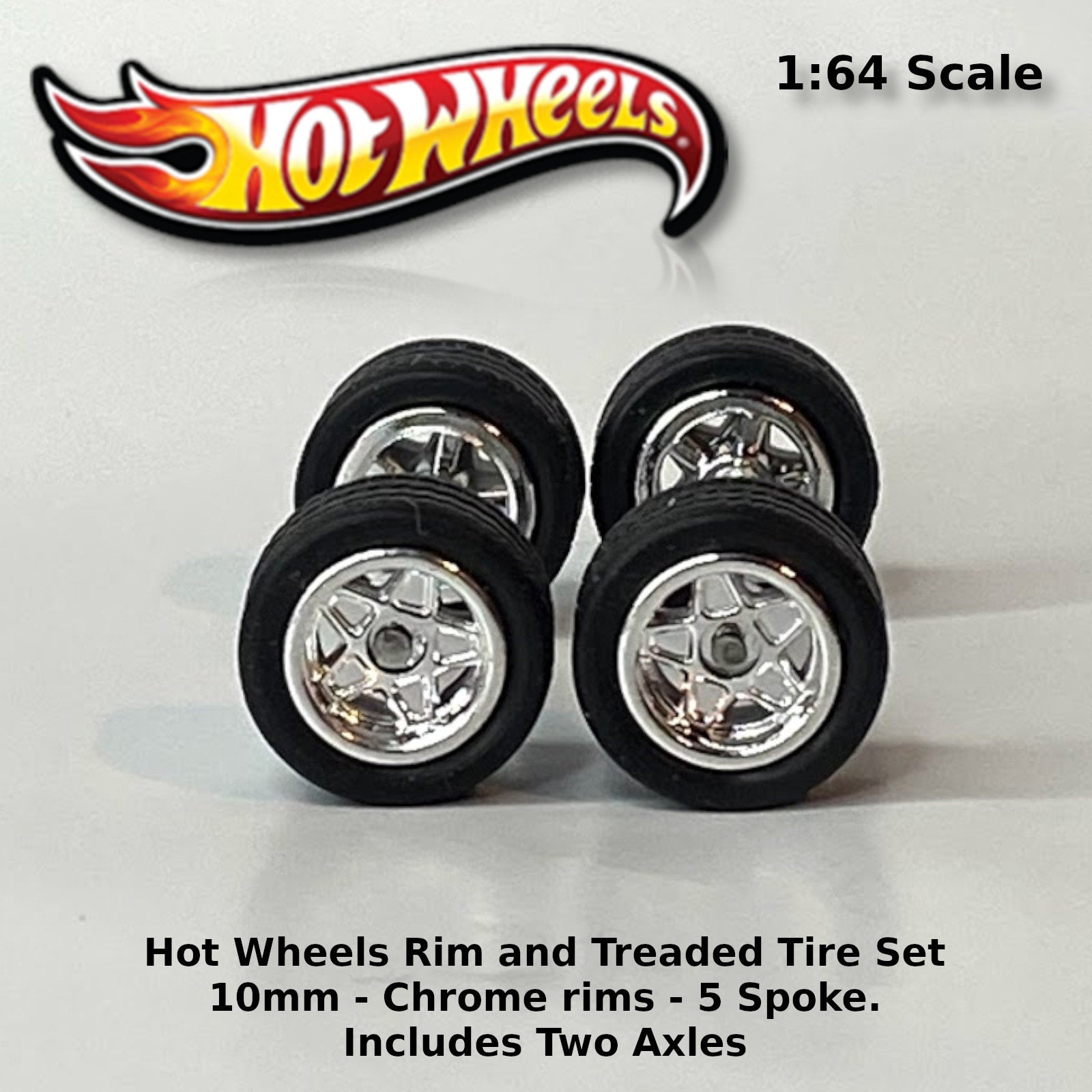 Hot Wheels 10mm/10mm Black with Chrome rims Star spoke Treaded rubber  tire