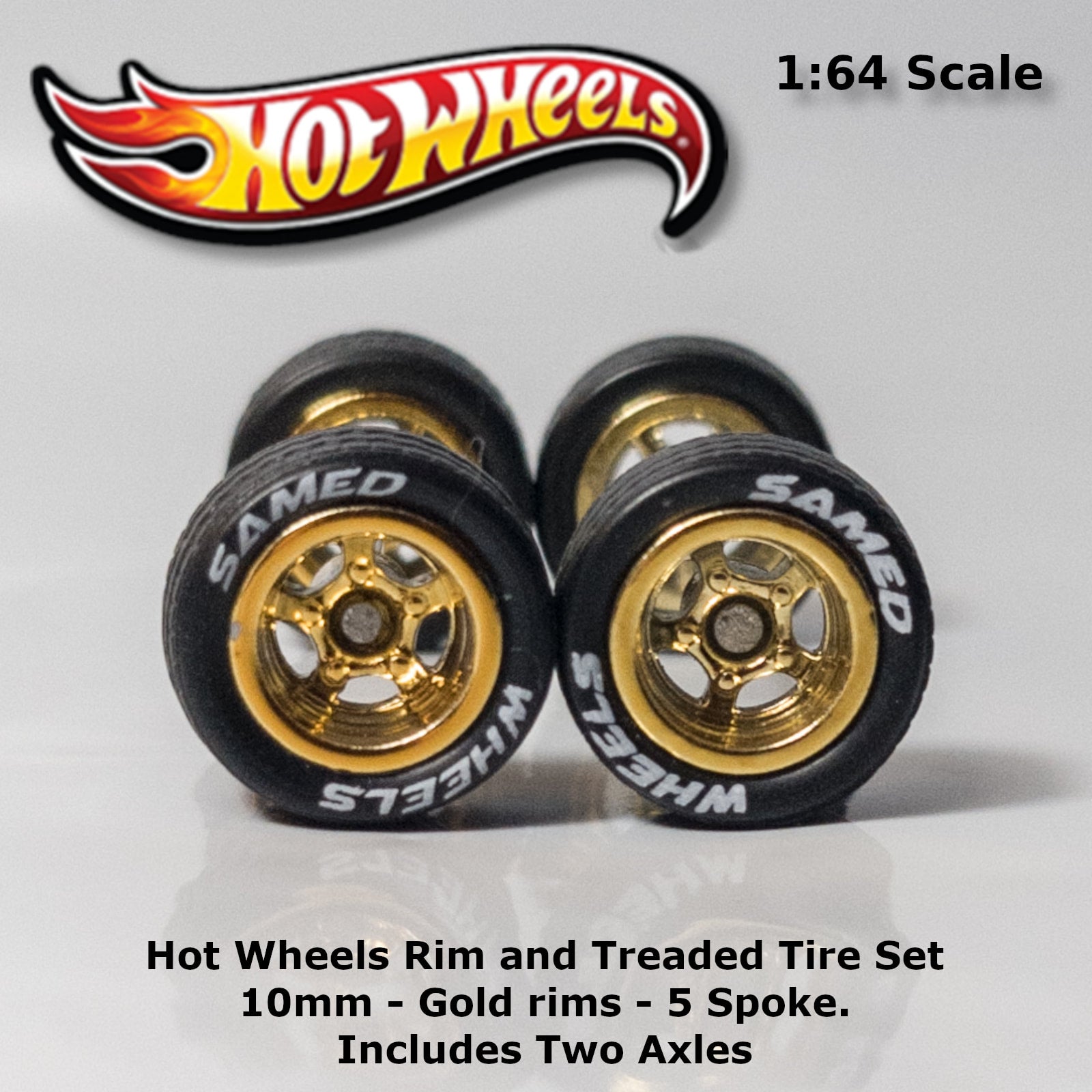 Hot Wheels 10mm/10mm Lettered with Gold rims spoke Treaded rubber tire 