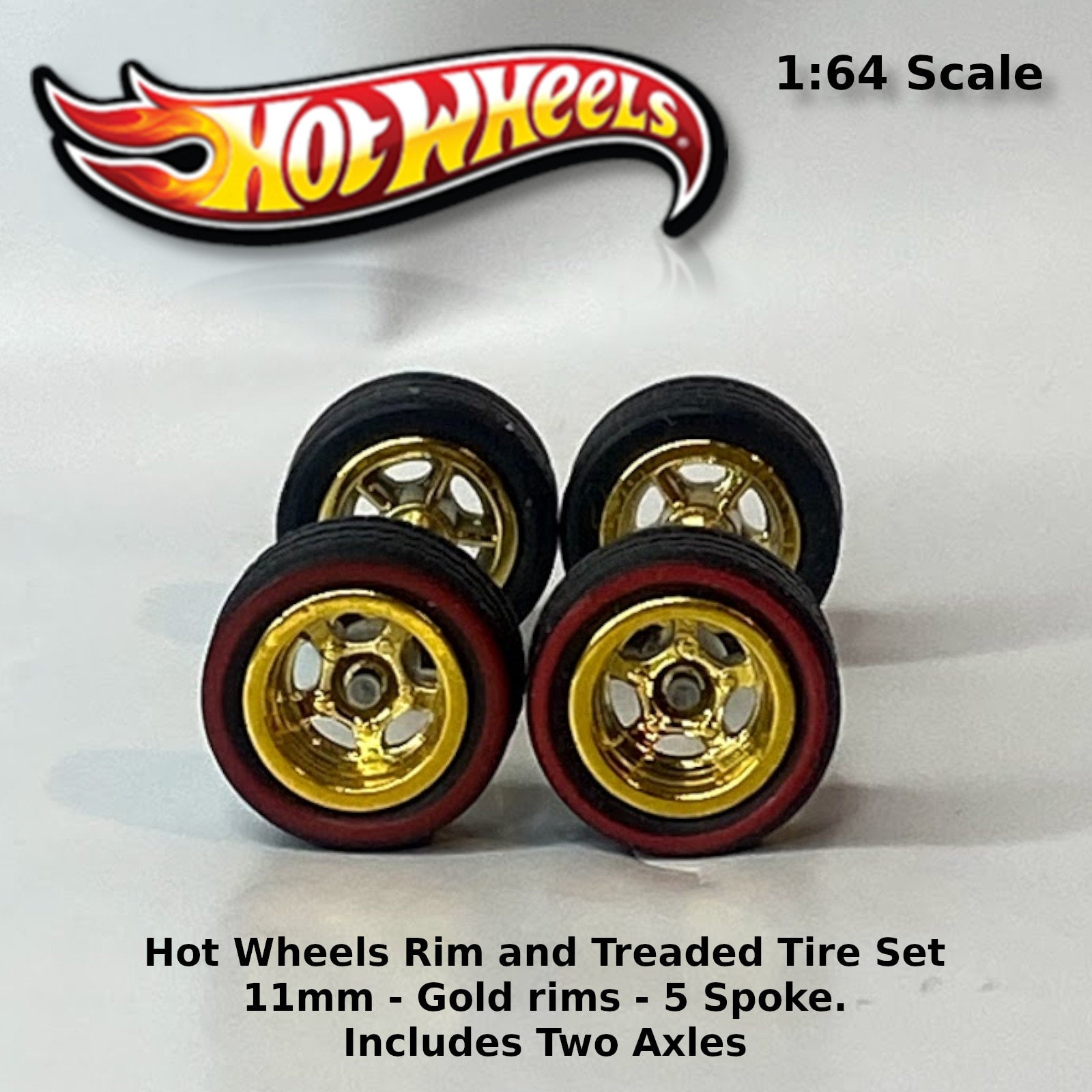 Hot Wheels 10mm/10mm Black Redline with Gold rims spoke Treaded rubber  tire