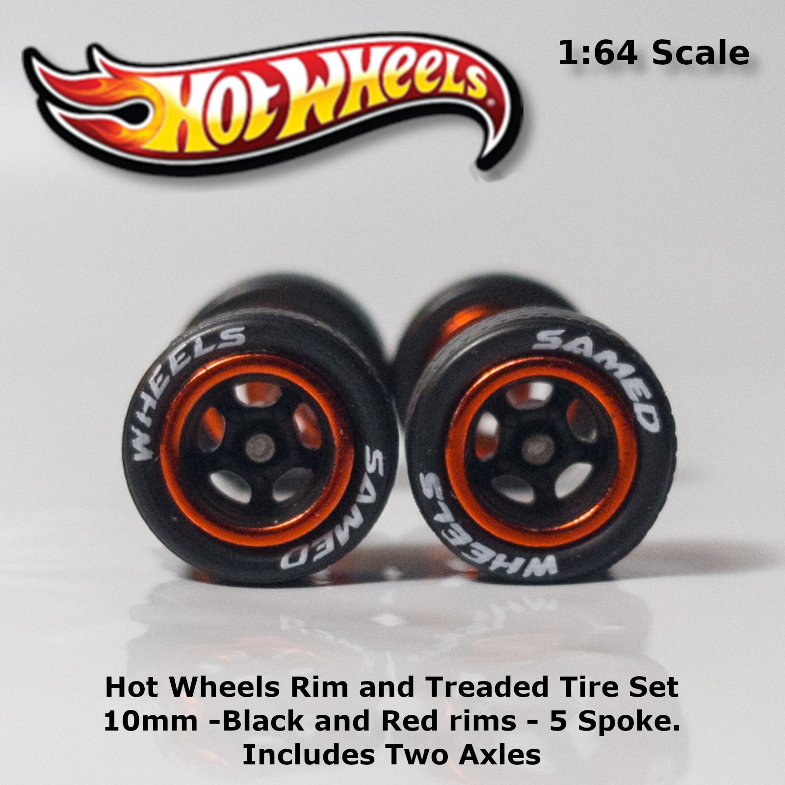 Hot Wheels 10mm 10mm Lettered with Black and Red rims 5 spoke Treaded rubber tire set. Collectable Diecast Models DarEnterprises