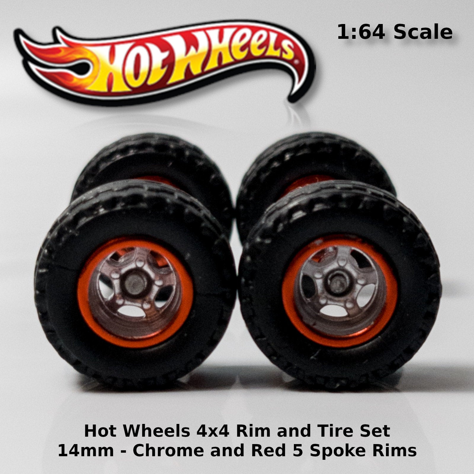 Hot Wheels 14mm 4x4 Truck Tire Sets Chrome Red Blackwall 5 spoke Collectable Diecast Models DarEnterprises